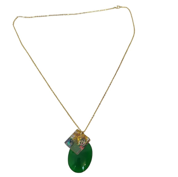 14 K Gold Plated Resin Abalone Square glitter Green Oval Pendant Necklace - Picture 5 of 6